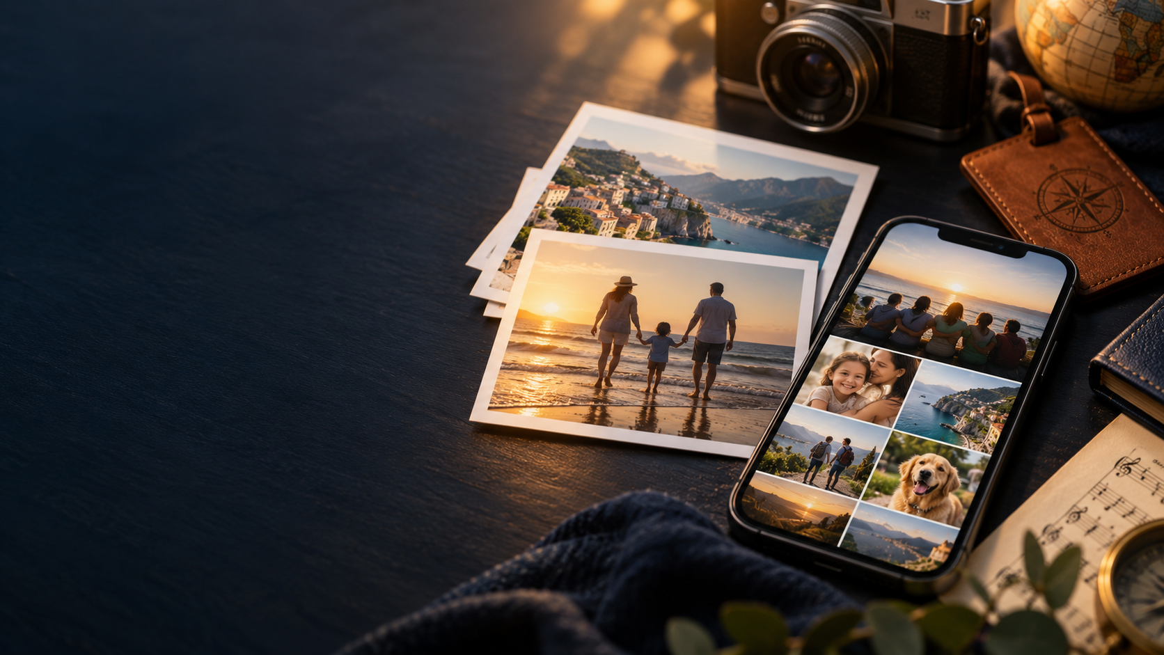 Printed travel photographs and a private photo gallery on a phone
